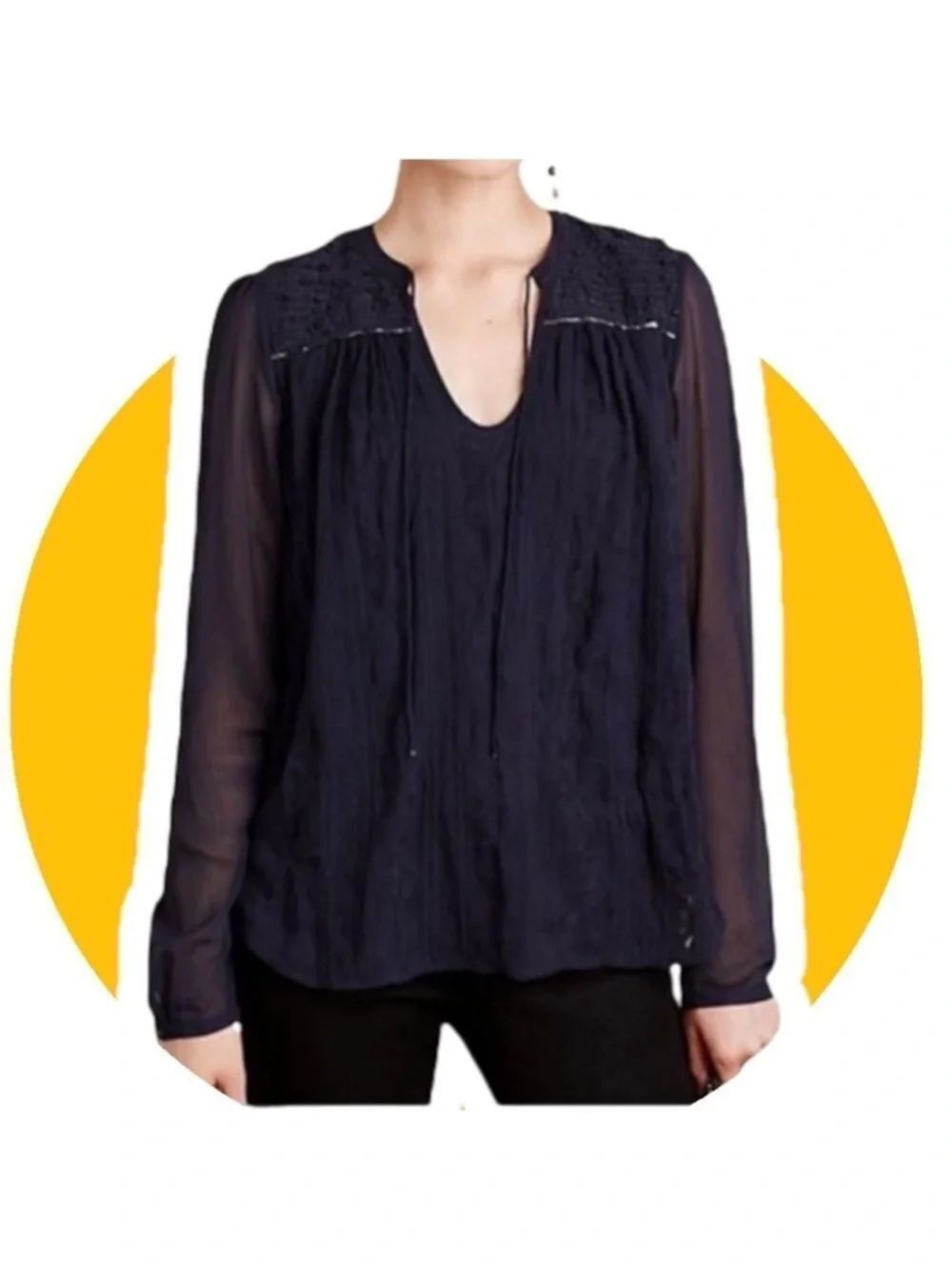 TINY Navy Blue Embroidered Sheer Sleeve Peasant Blouse M